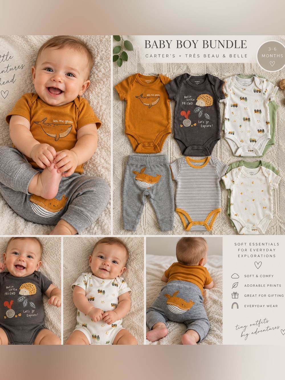 Baby Boy Clothing Bundle Carter’s Bodysuits Pants Pima Cotton 3-6M